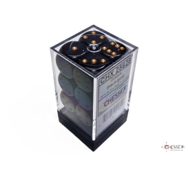 Chessex Opaque Black/Gold – 16 mm D6 – Lot de 12 (CHX 25628)