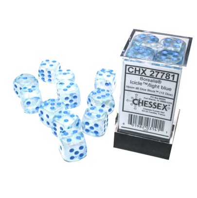 Chessex Borealis Icicle / Light Blue Luminary – 16 mm D6 – Lot de 12 (CHX 27781)
