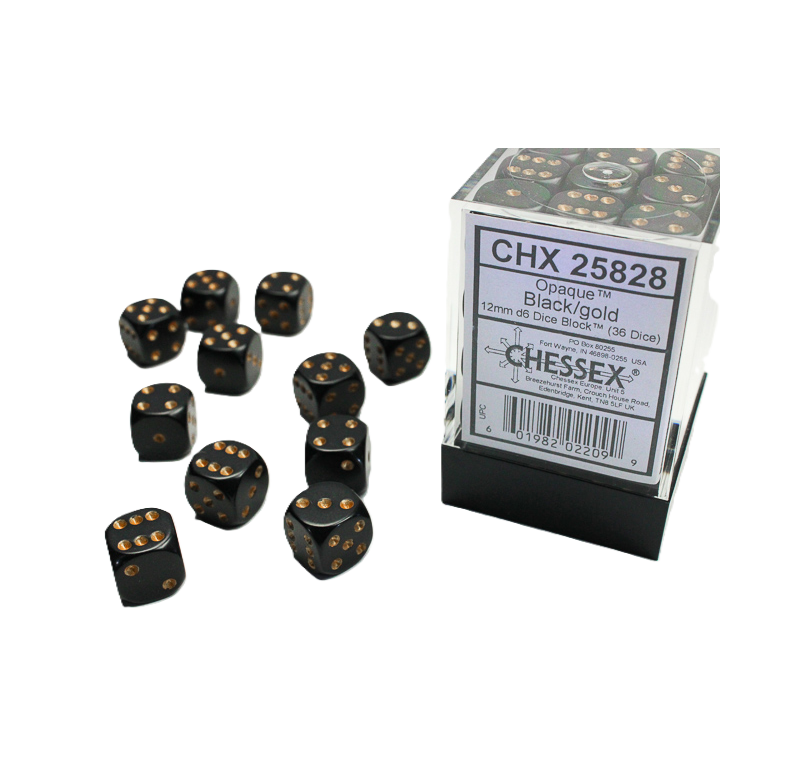 Chessex Opaque Black/Gold – 12 mm D6 – Lot de 36 (CHX 25828)