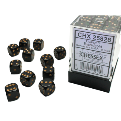Chessex Opaque Black/Gold – 12 mm D6 – Lot de 36 (CHX 25828)