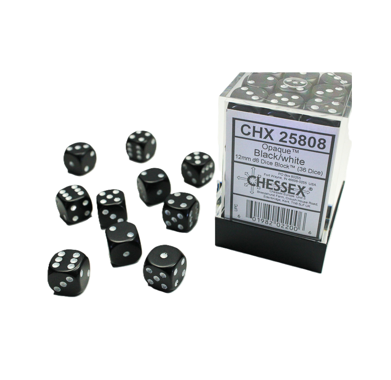 Chessex Opaque Black/White – 12 mm D6 – Lot de 36 (CHX 25808)