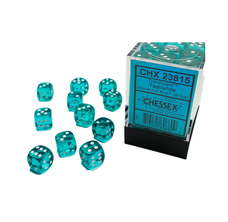 Chessex Translucent Teal/White – 12 mm D6 (lot de 36 dés) – CHX 23815